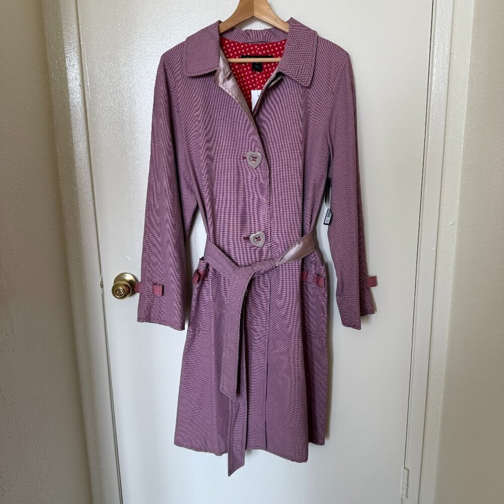 NEW Marc Jacobs Pink Micro Plaid Heart Belted Trench Single Breasted Coat L